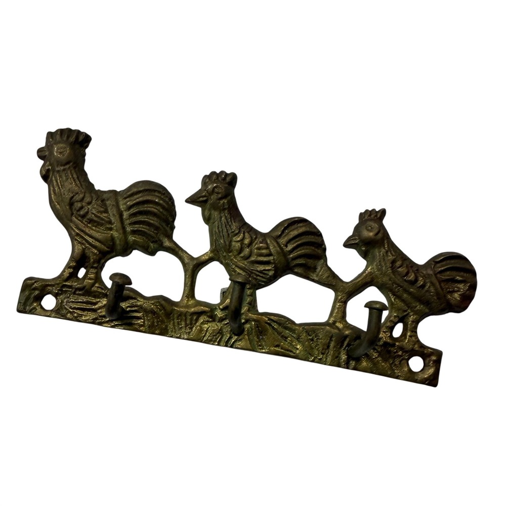 Vintage Solid Brass Rooster Key Rack 3 Hook Wall Mount Farmhouse Decor